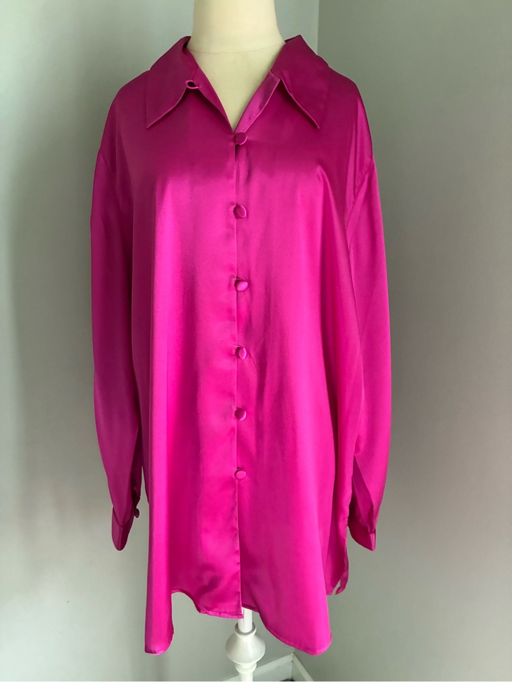 Y2K 90s Satin Hot Pink Button Down Blouse Top 2X